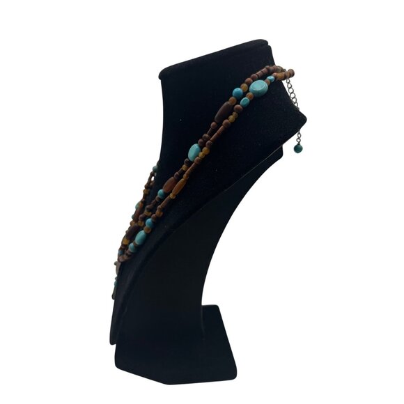 Multi-Layered Wooden & Turquoise Beaded Necklace W/ Silver Tone Pendant - Picture 3 of 4